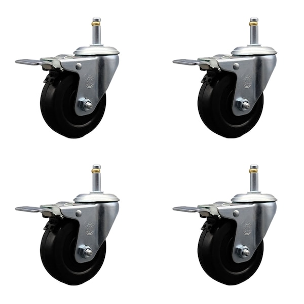 4 Hard Rubber Swivel 7/16'' Grip Ring Stem Caster Set with Total Lock Brake, 4PK